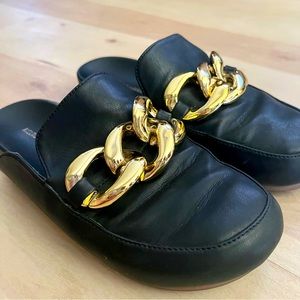 Black Mules with Gold Chain Detail Sz 7